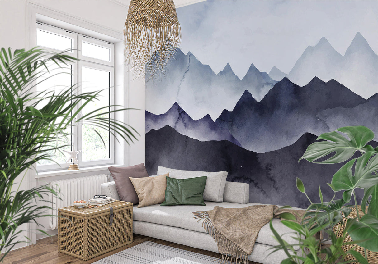 Watercolor mountain wallpaper as a stunning backdrop in a minimal bedroom setting