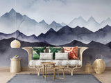 Mountain peak mural adding depth to a home office with natural lighting