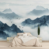 Misty mountain wallpaper in home office showing scale and atmospheric depth