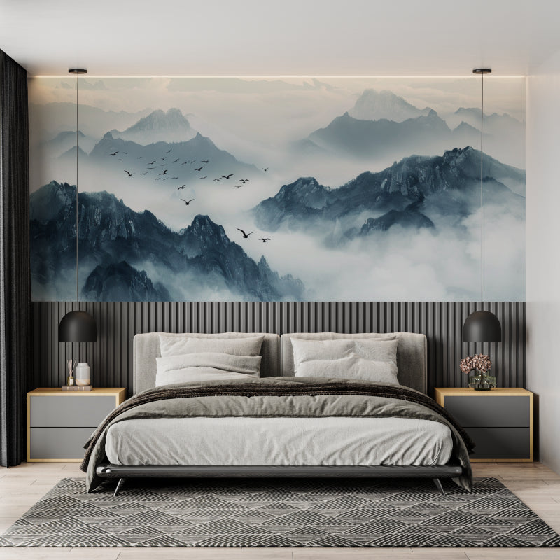 Nature wall mural bringing outdoor feel to meditation room with floor cushions