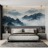 Nature wall mural bringing outdoor feel to meditation room with floor cushions