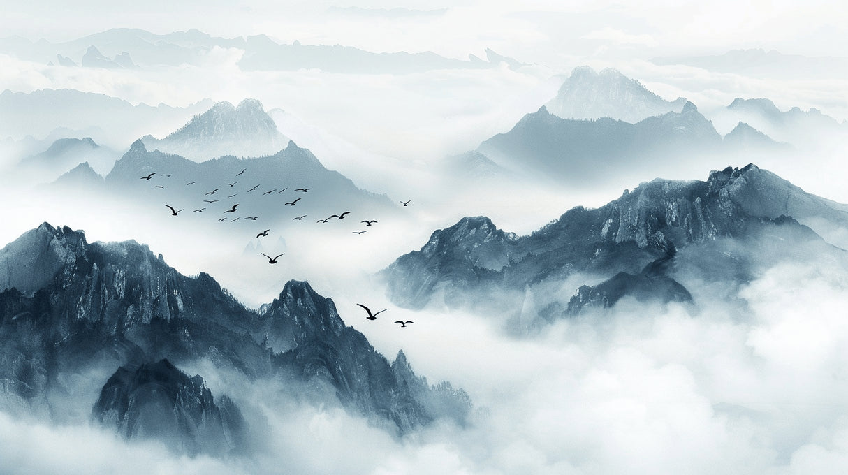 Mountain landscape design file showing misty peaks and flying birds pattern