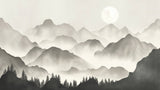Mountain Mural Wallpaper | Misty Peaks with Full Moon