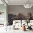 Mountain landscape wallpaper creating depth in modern living room with grey sofa and natural decor