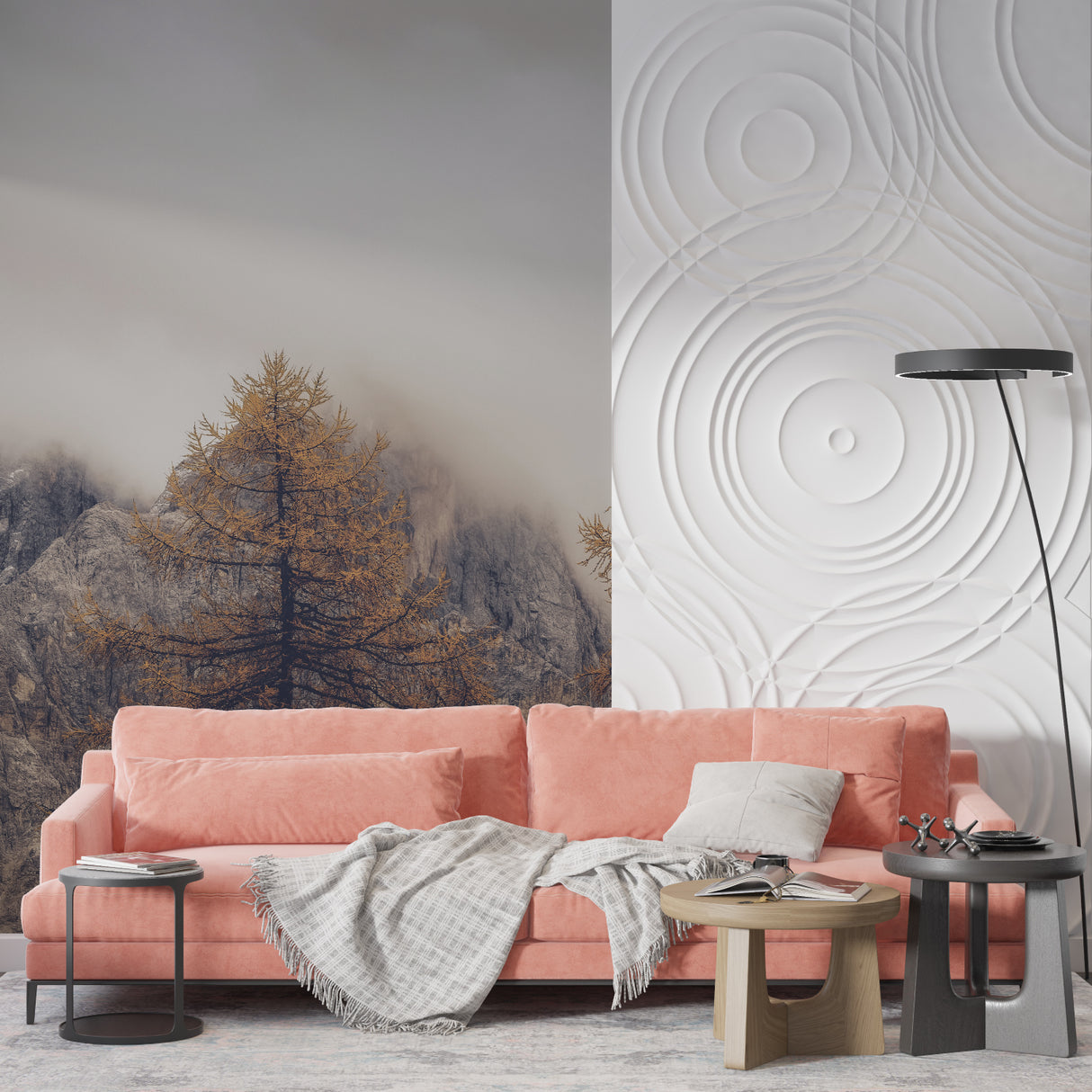 Misty mountain mural in cozy bedroom setting with wooden furniture