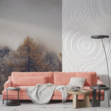 Misty mountain mural in cozy bedroom setting with wooden furniture