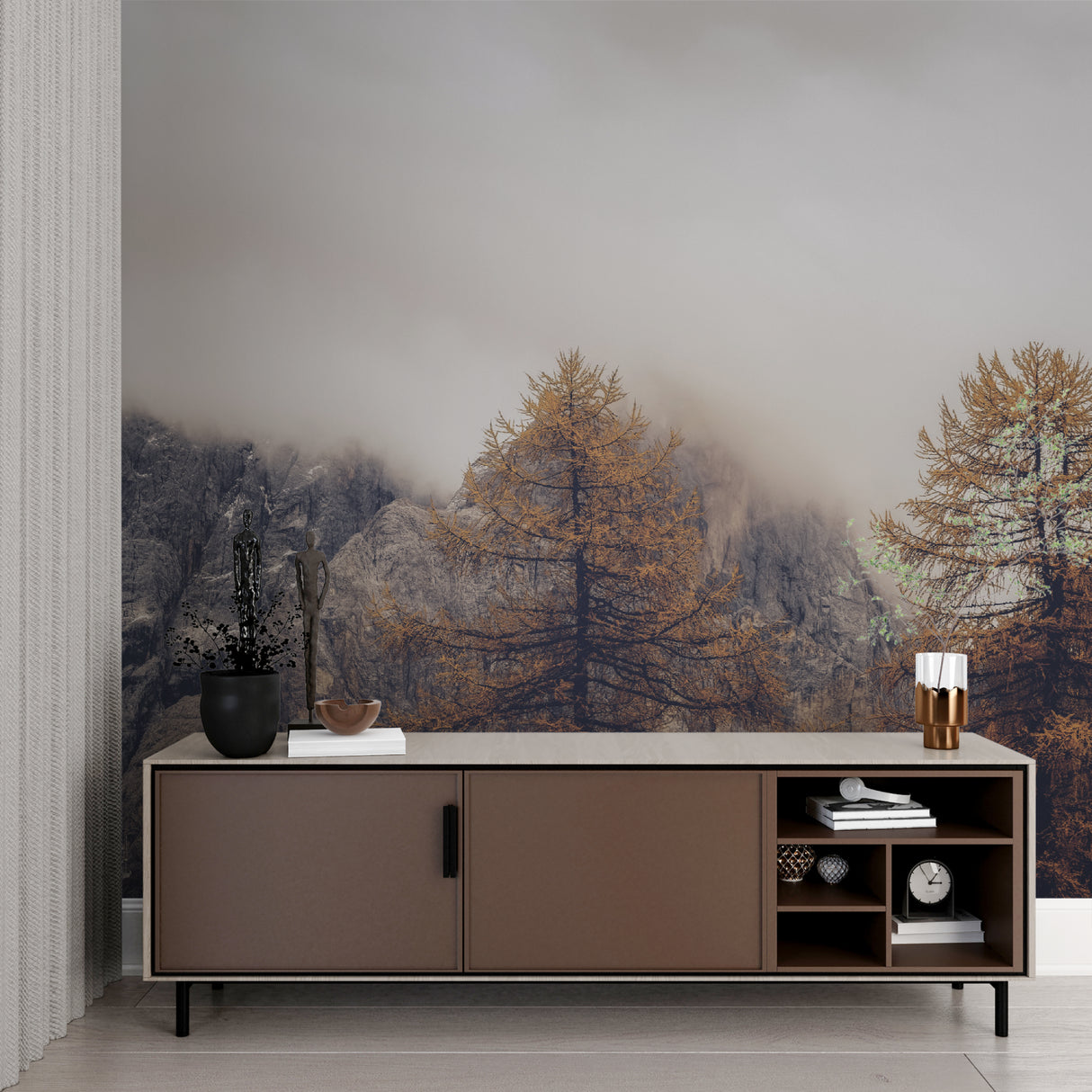 Pine forest wallpaper bringing nature into minimalist dining room