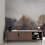 Pine forest wallpaper bringing nature into minimalist dining room