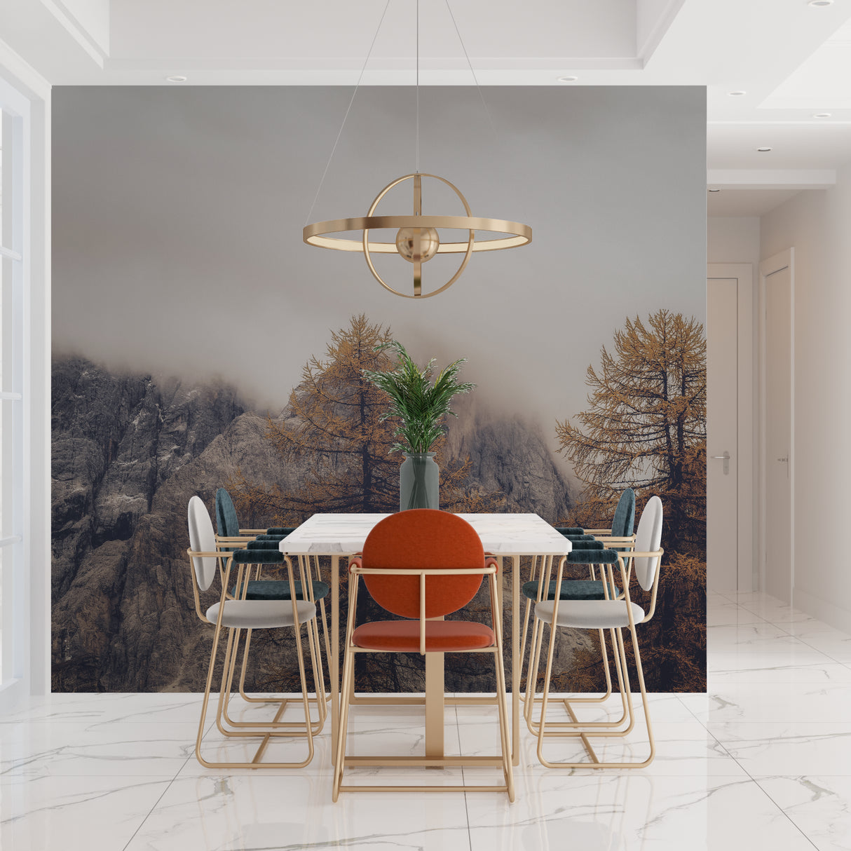 Mountain forest mural creating atmosphere in modern home office