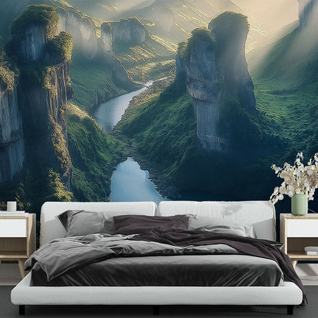Mountain landscape wallpaper creating depth in modern living room, flowing river vista adds natural beauty to interior space