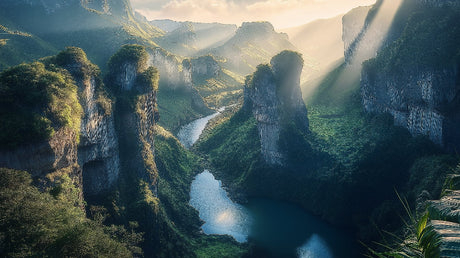 Mountain and river landscape design file showing full misty canyon pattern