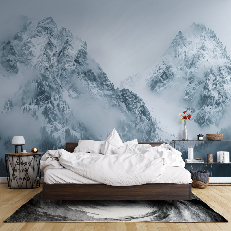 Snow peak wallpaper transforming home office with desk and window view