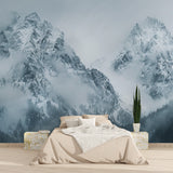 Mountain vista wallpaper in dining room with wooden table and pendant lights