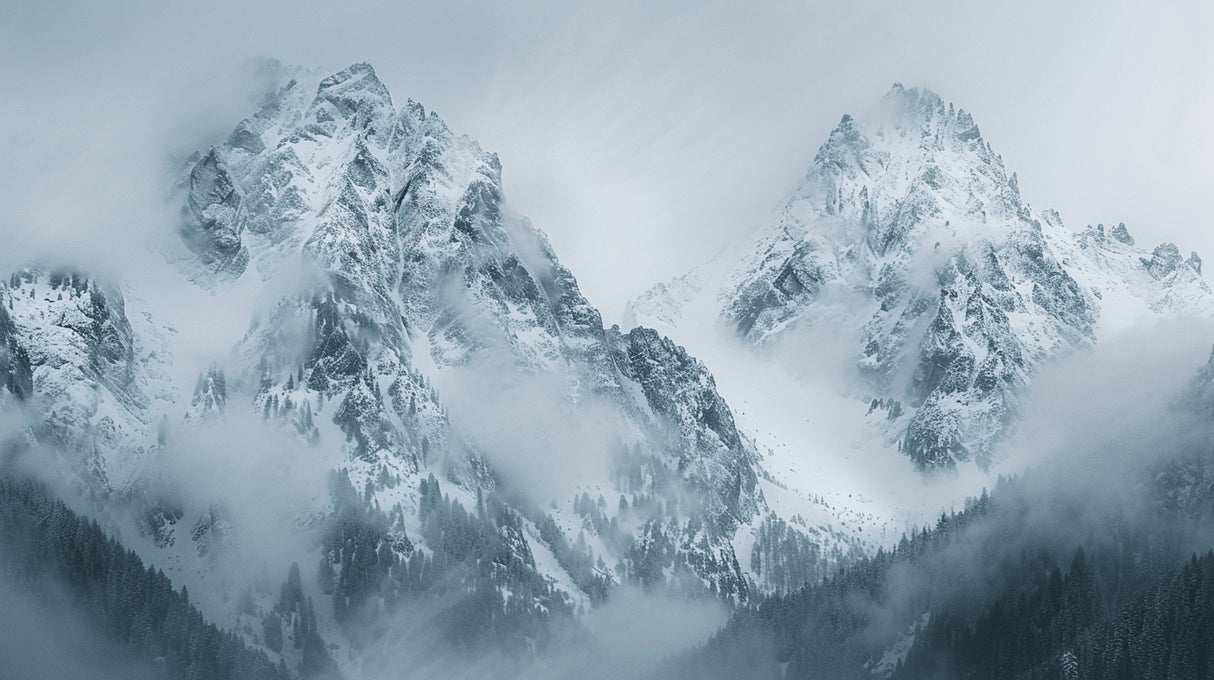 Design file showing full mountain landscape pattern with misty peaks and snow details