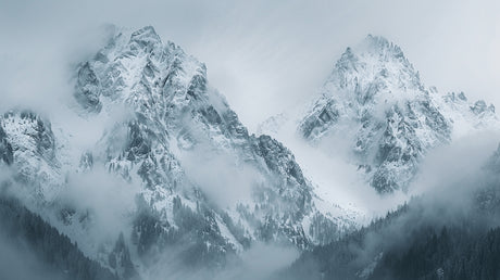 Design file showing full mountain landscape pattern with misty peaks and snow details