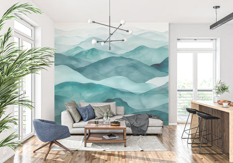 Mountain mural wallpaper creating depth in modern living room with minimal furniture