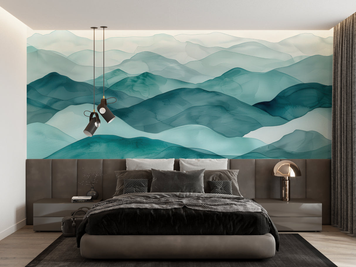 Teal mountain wallpaper in cozy bedroom setting with natural light