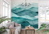 Watercolor mountain mural in home office with desk and chair
