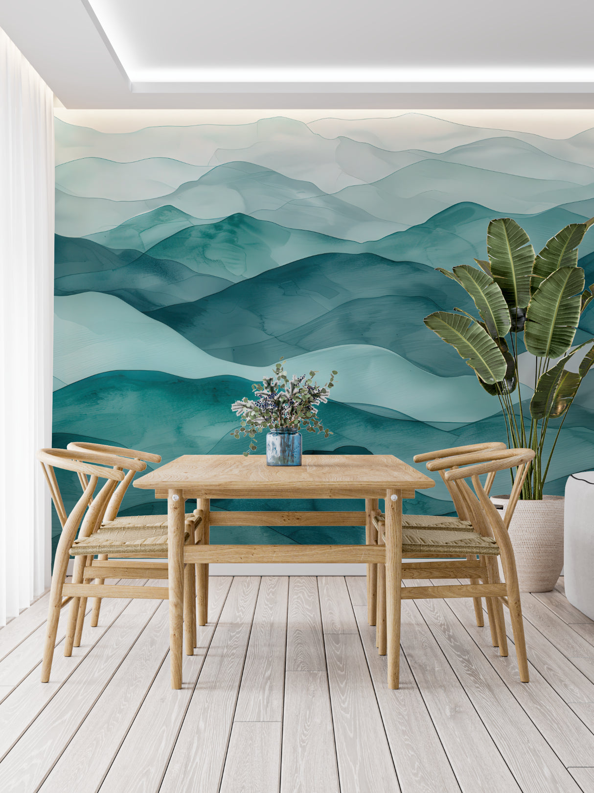 Misty mountain mural in dining room with contemporary furniture