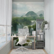 Mountain waterfall wallpaper creating a peaceful atmosphere in a modern living room with natural light