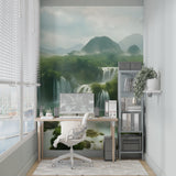 Mountain waterfall wallpaper creating a peaceful atmosphere in a modern living room with natural light