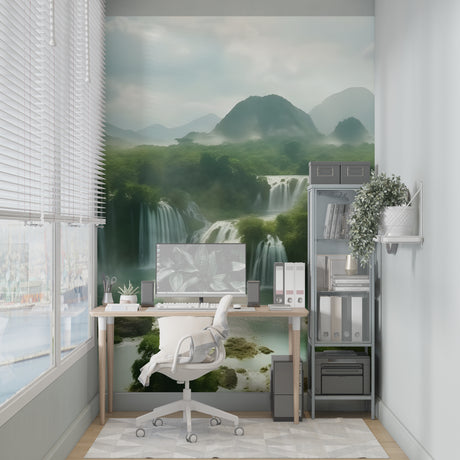 Mountain waterfall wallpaper creating a peaceful atmosphere in a modern living room with natural light