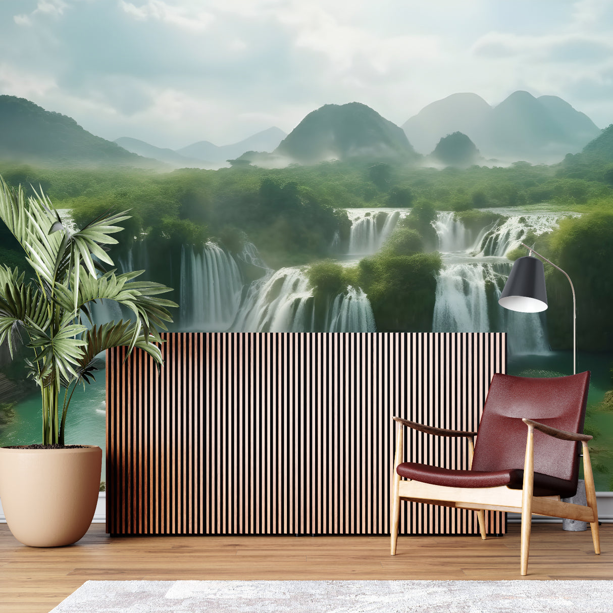 Stunning waterfall mural transforming a bedroom into a nature retreat