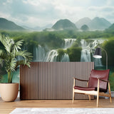 Stunning waterfall mural transforming a bedroom into a nature retreat