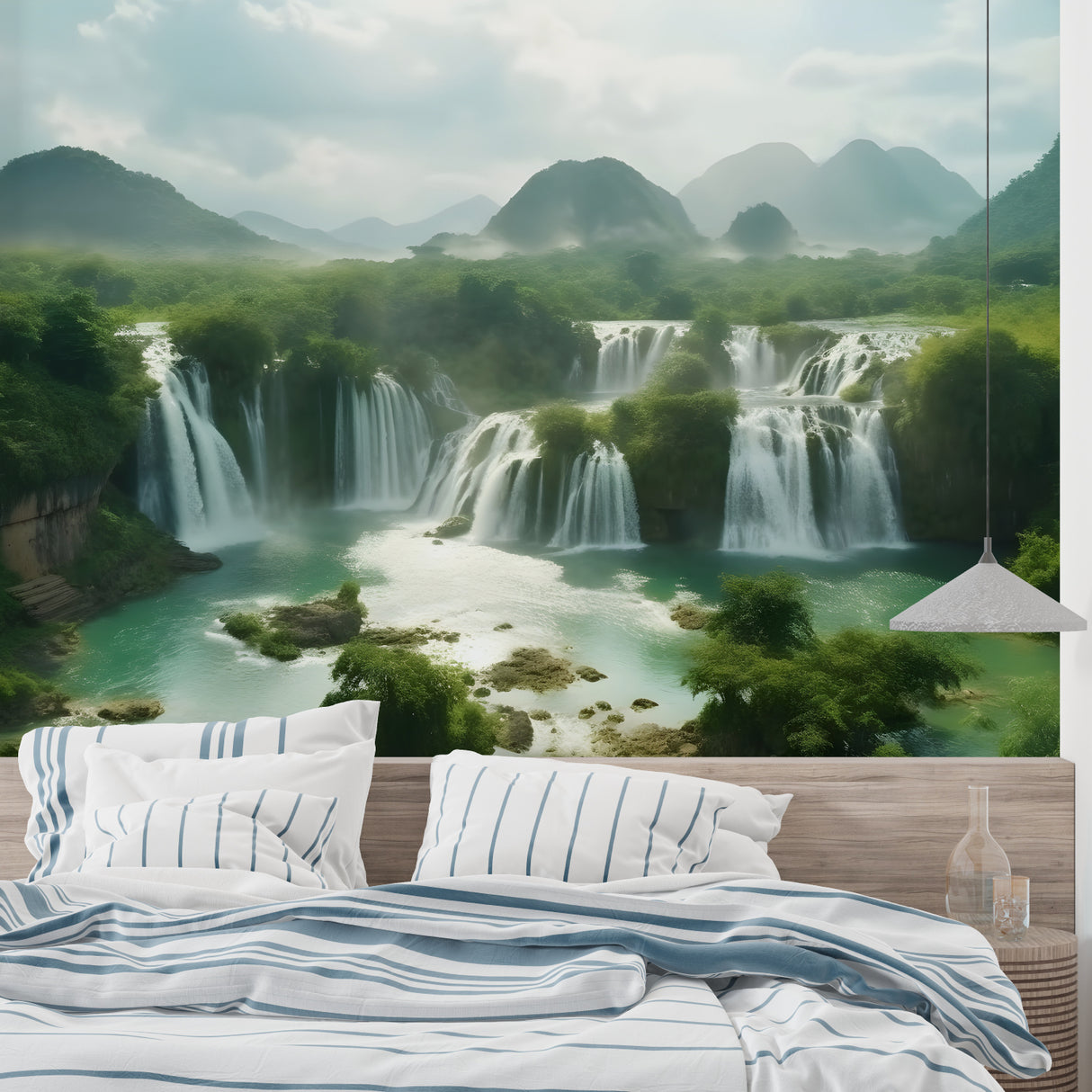 Mountain landscape wallpaper making a home office feel open and inspiring