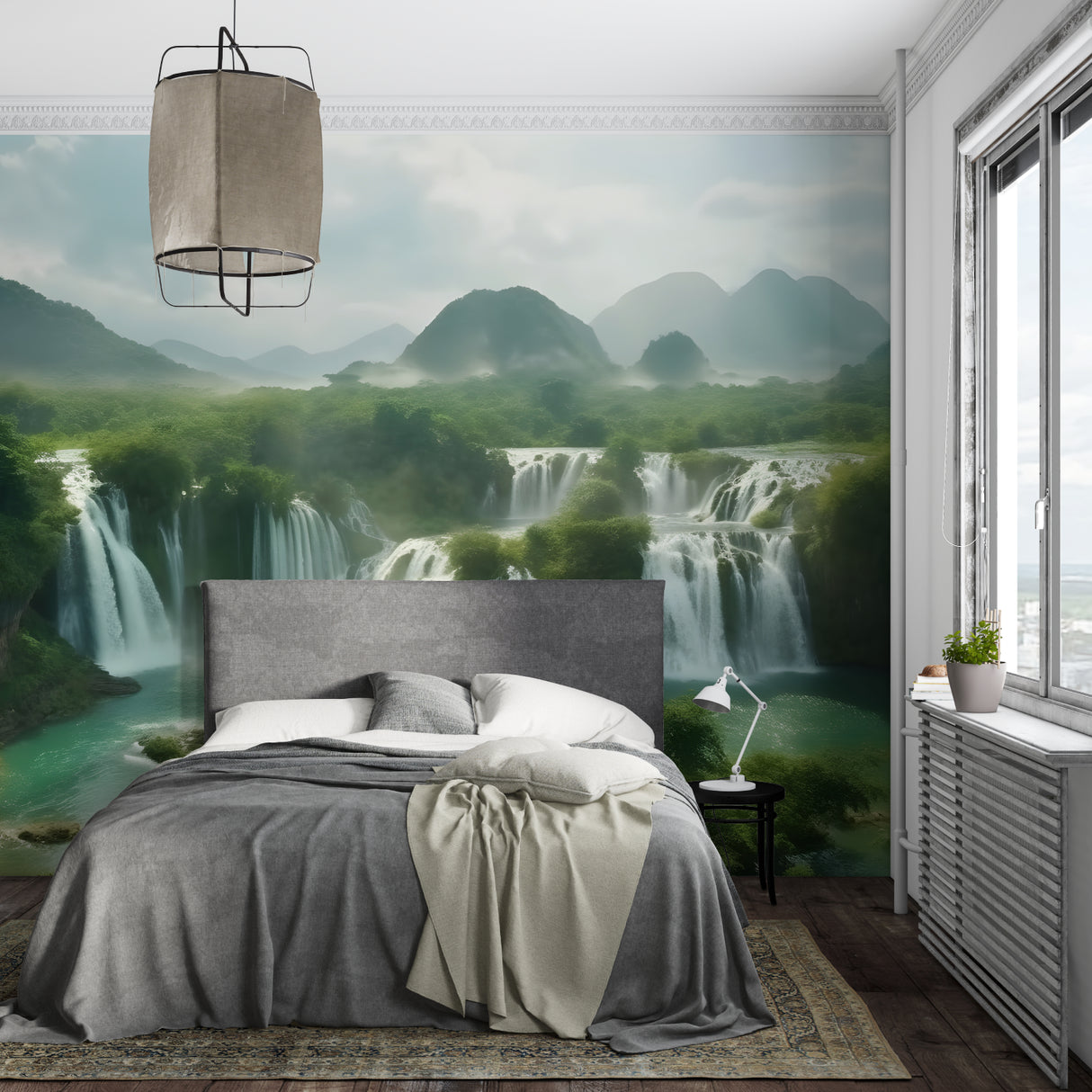 Misty waterfall mural adding depth to a meditation room