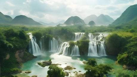 Mountain waterfall wallpaper design file showing intricate misty cascade details