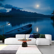 Mountain lake wallpaper in modern living room creating peaceful atmosphere with moonlit boat scene
