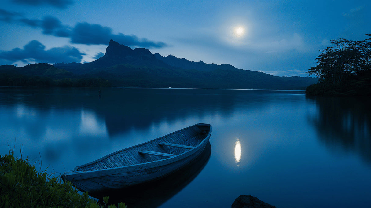 Moonlit mountain wallpaper in master bedroom showing reflective lake and boat