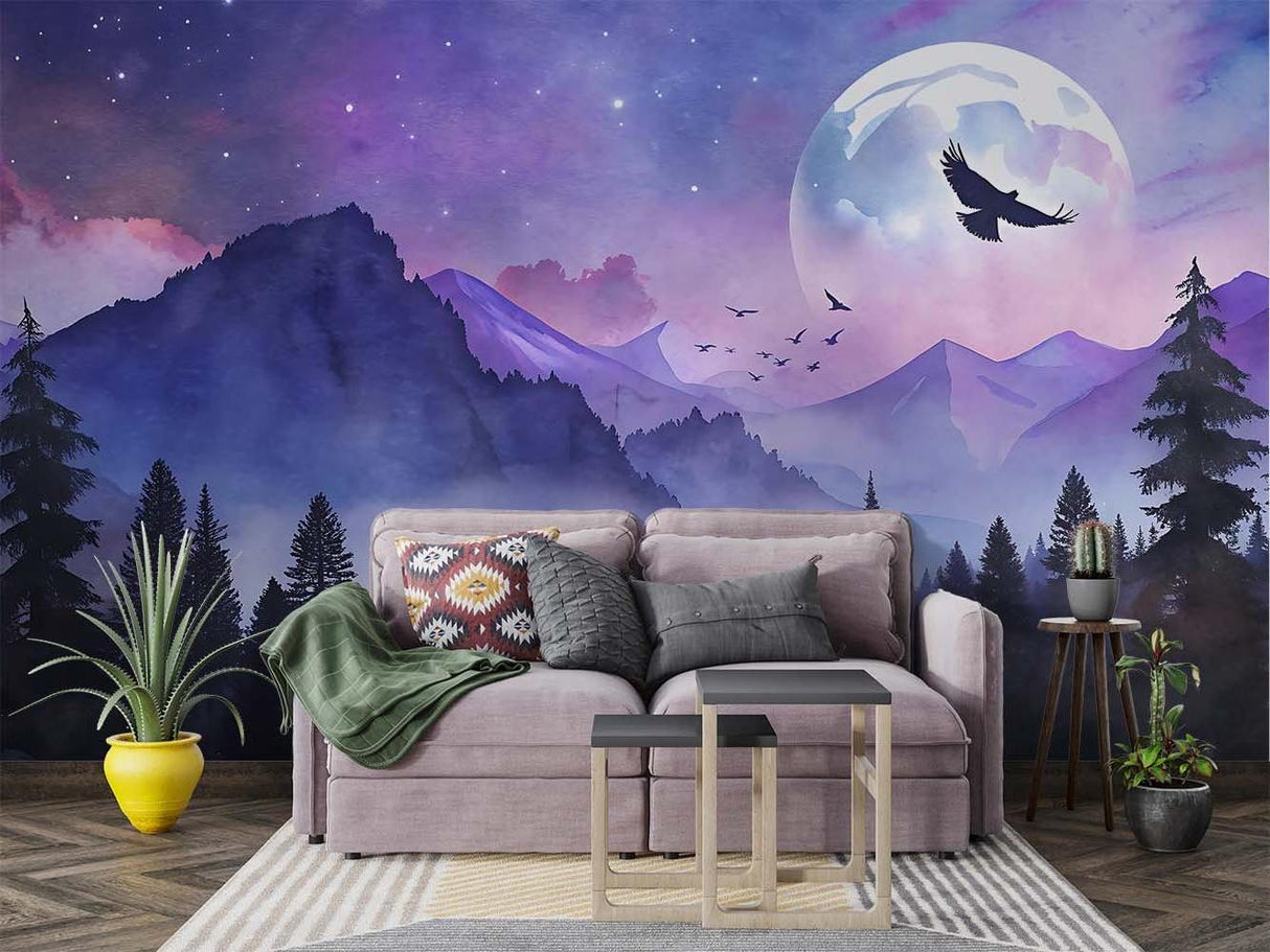 Mountain landscape wallpaper creating cozy atmosphere in modern bedroom with purple-blue glow