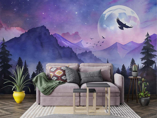 Mountain landscape wallpaper creating cozy atmosphere in modern bedroom with purple-blue glow