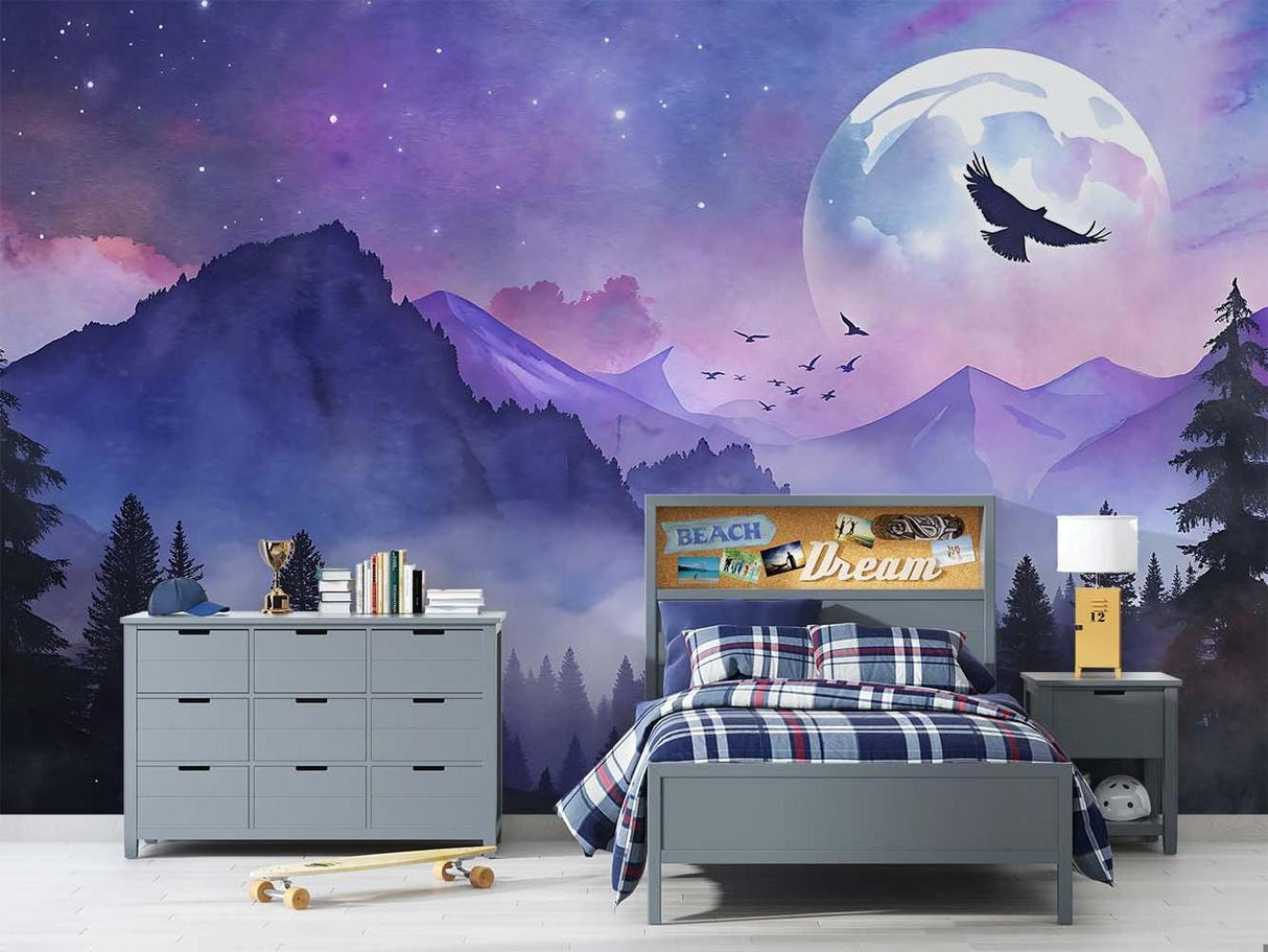 Night forest mural adding depth to minimalist living room wall