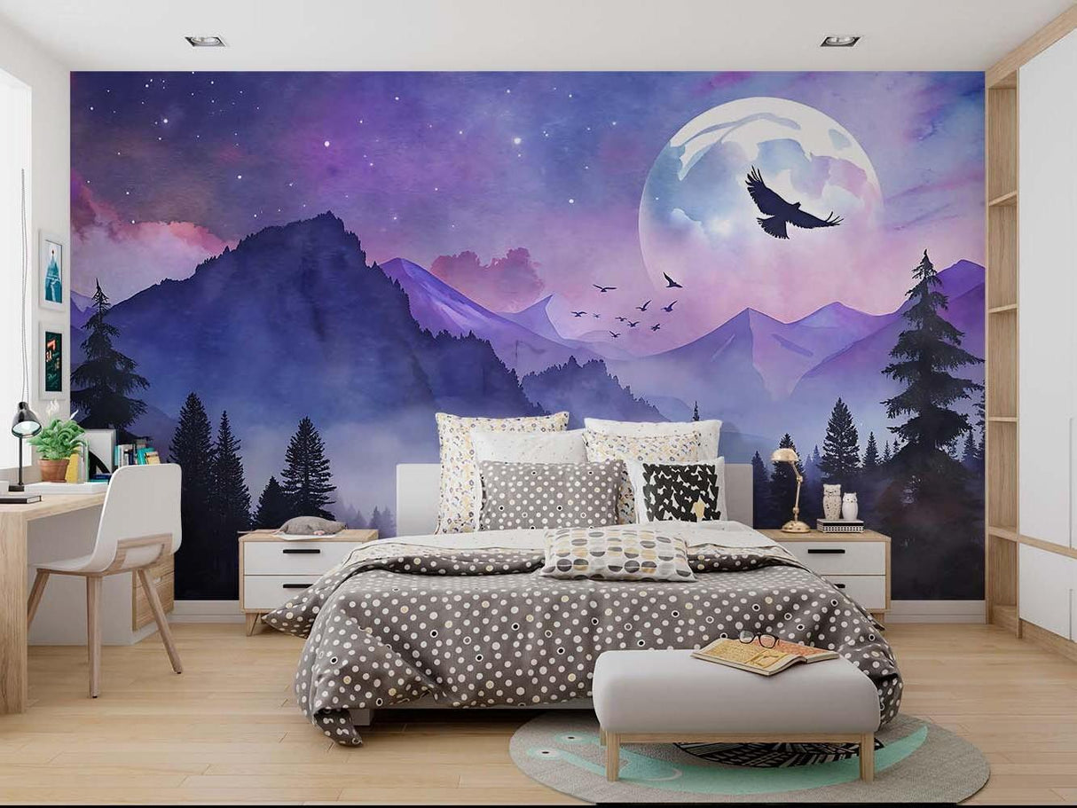 Moonlit mountain scene wallpaper in meditation room with soft lighting