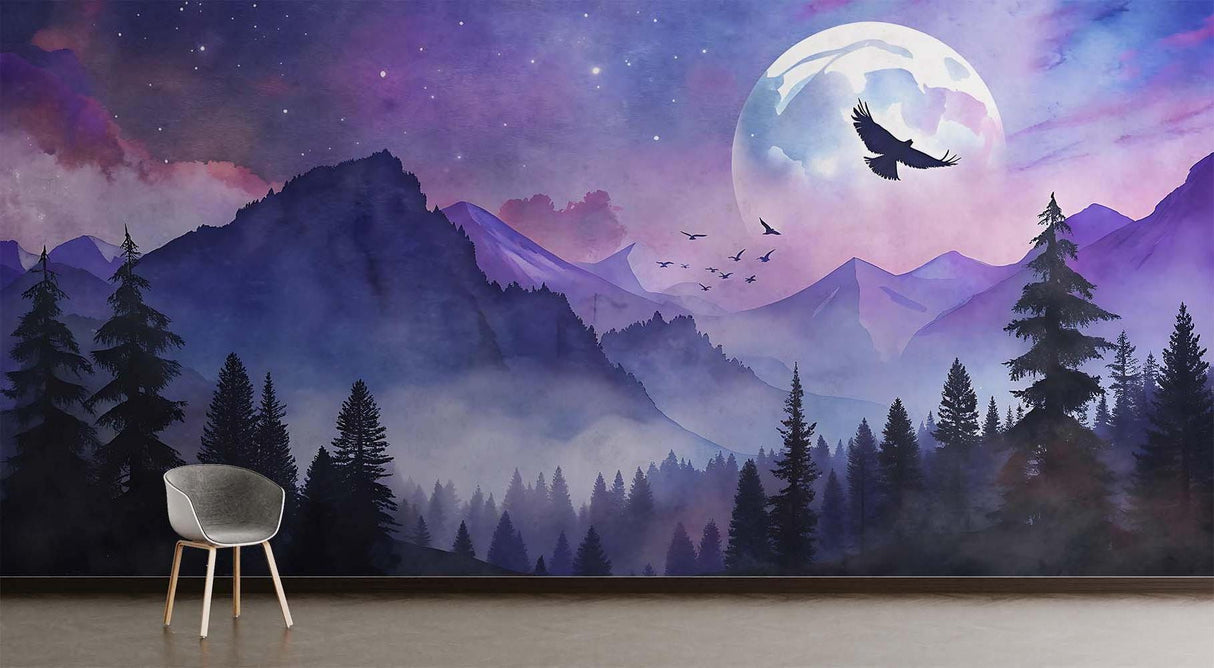Purple mountain wallpaper transforming home office space