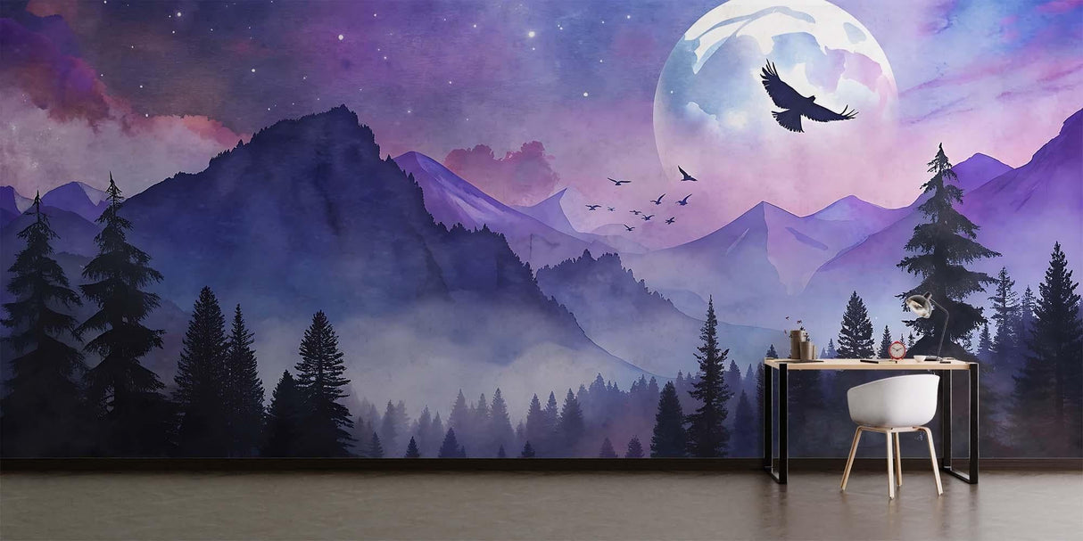 Night sky mural creating calm atmosphere in reading nook