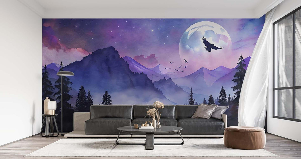 Mountain scene wallpaper enhancing restaurant dining area