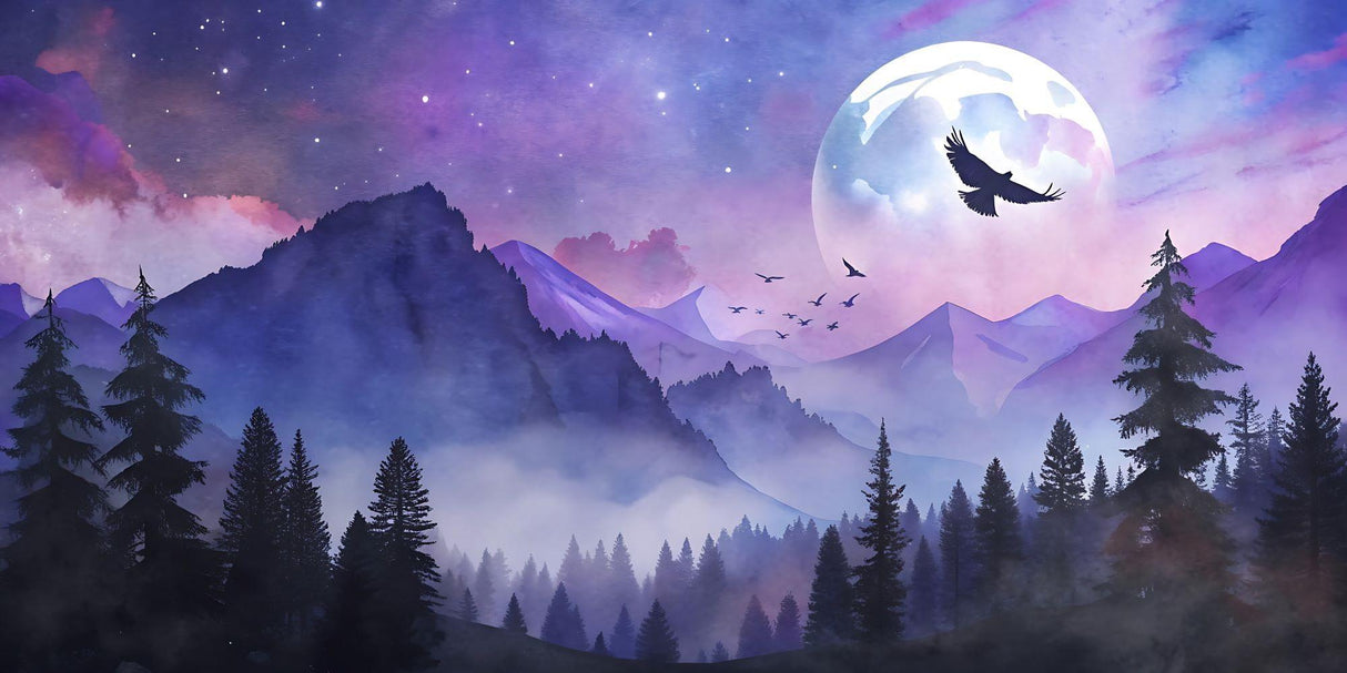 Mountain landscape design file with mystical night forest and full moon raw pattern