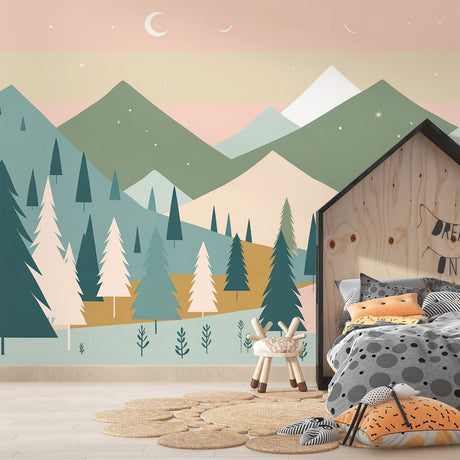 Mountain landscape wallpaper creating a cozy atmosphere in a modern Scandinavian living room with minimal furniture