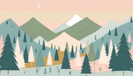 Nordic forest wallpaper design file showing detailed twilight mountain scene with pink sky and snow-capped peaks