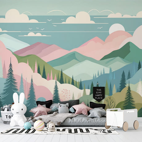 Mountain landscape wallpaper creating a serene atmosphere in a modern living room with soft pastel colors and rolling peaks