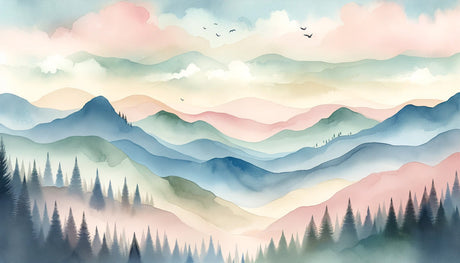 Watercolor mountain landscape design file showing detailed misty peaks and forest pattern