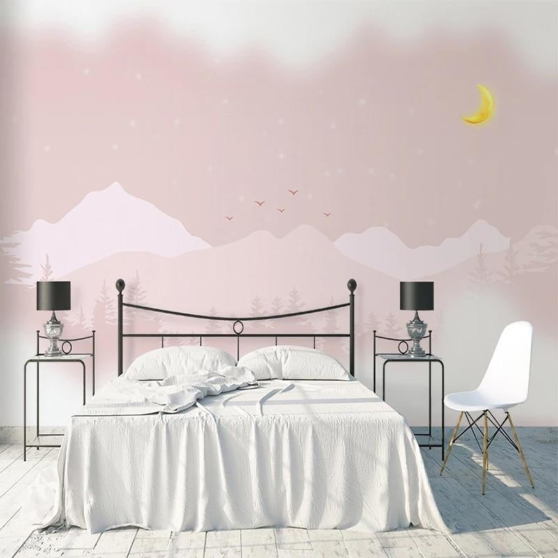 Pink misty forest wallpaper bringing nature indoors in a minimal living room setting