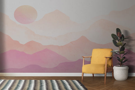 Pink mountain wallpaper creating a serene atmosphere in a modern living room with minimalist furniture
