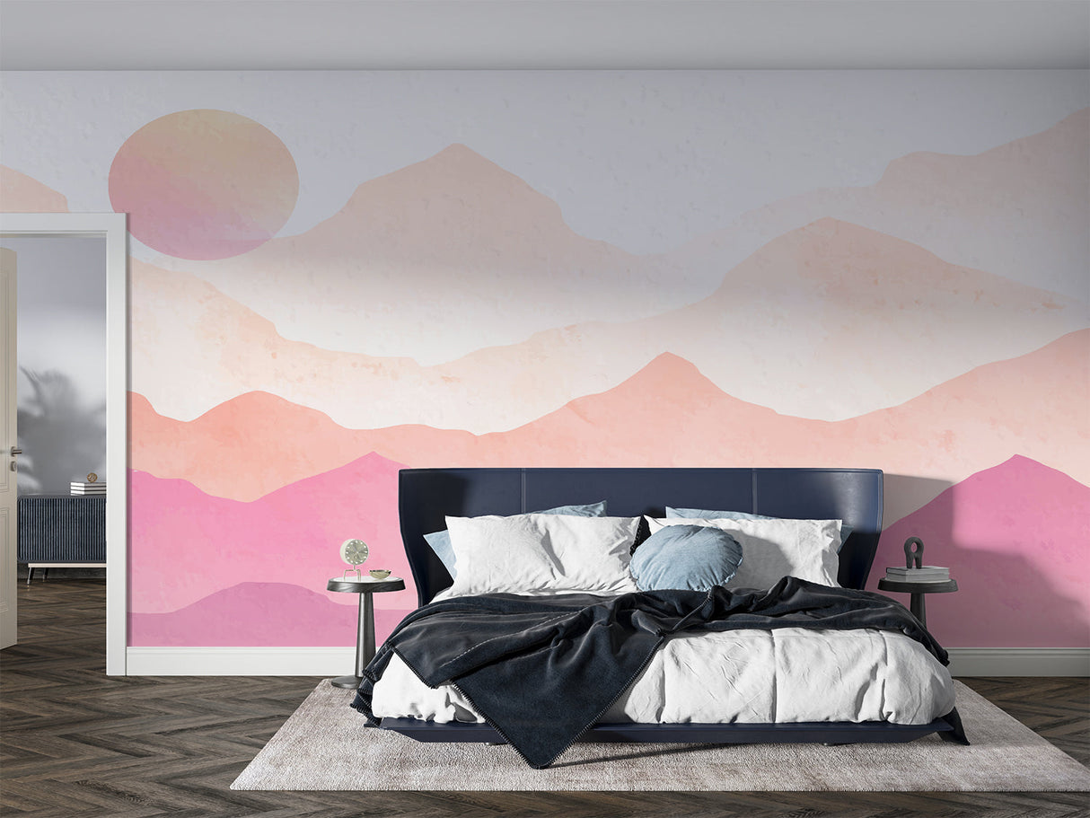 Pink sunset mountain wallpaper in a home office space with natural lighting