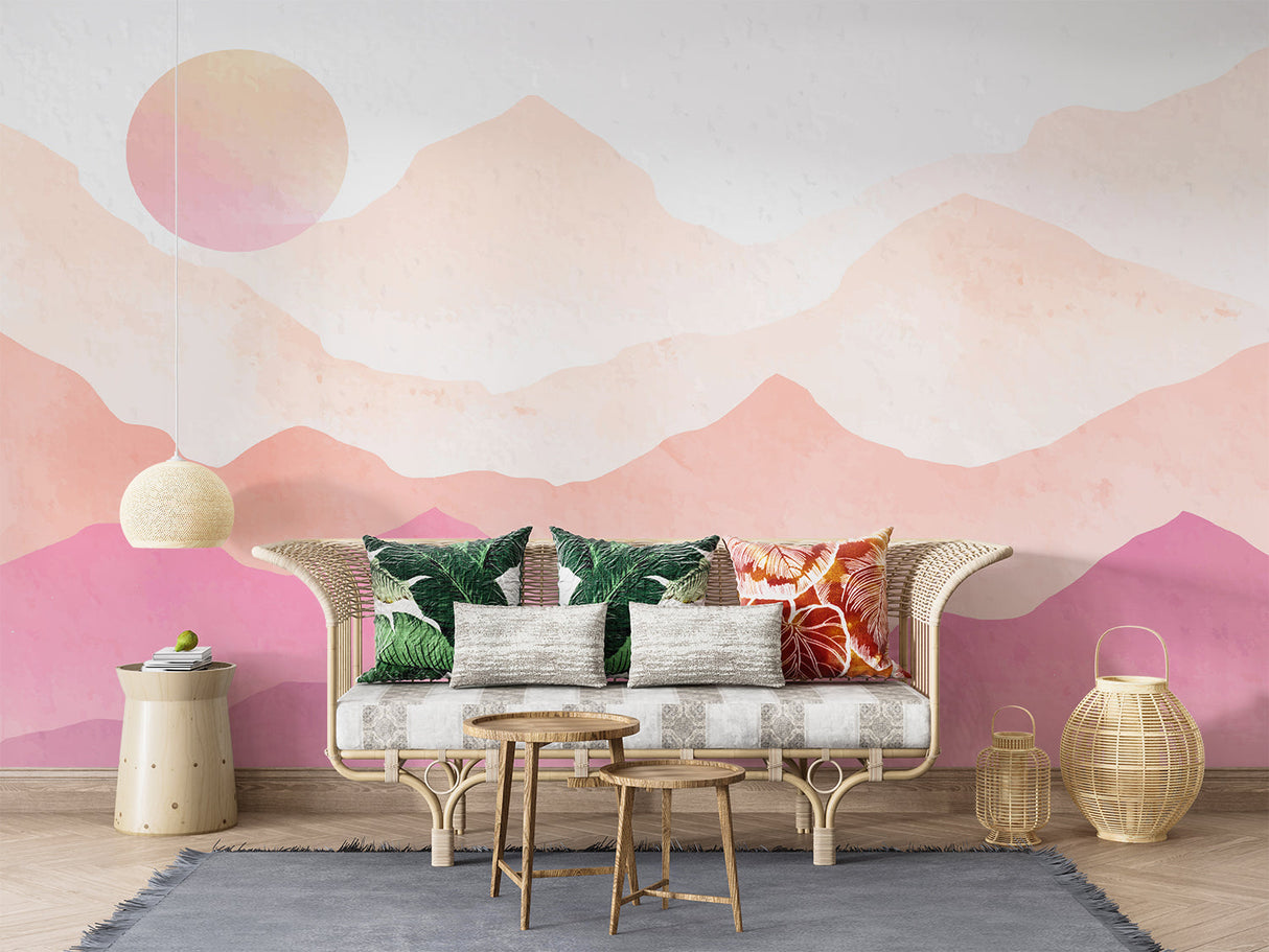 Mountain range wallpaper adding depth to a dining room with pink sunset hues