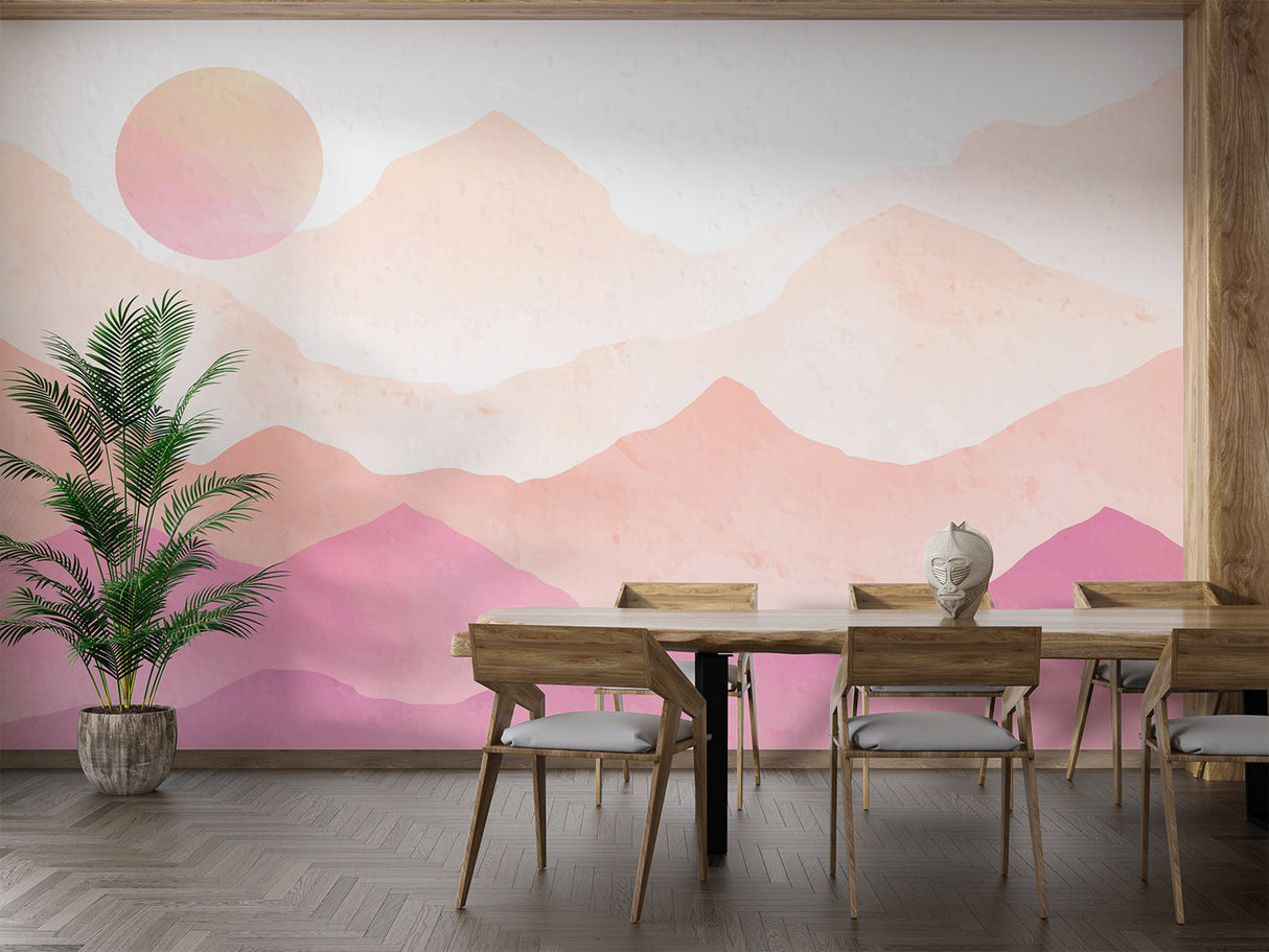 Watercolor mountain peaks mural creating ambiance in a meditation room